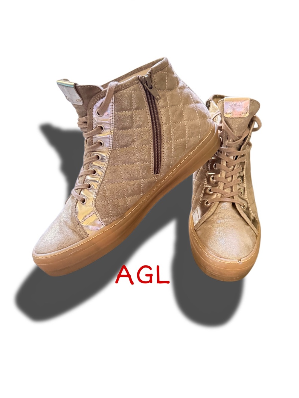 AGL 
Quilted High-Top Sneakers in Tan with Metallic Accents